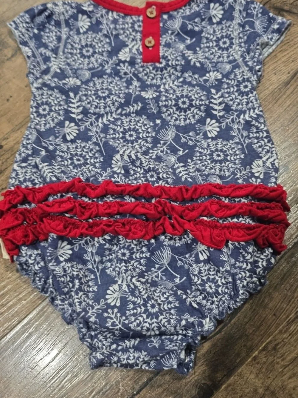 Burts Bees Baby Girls Navy Floral Ruffle One-Piece Bodysuit with Red Trim 6/9